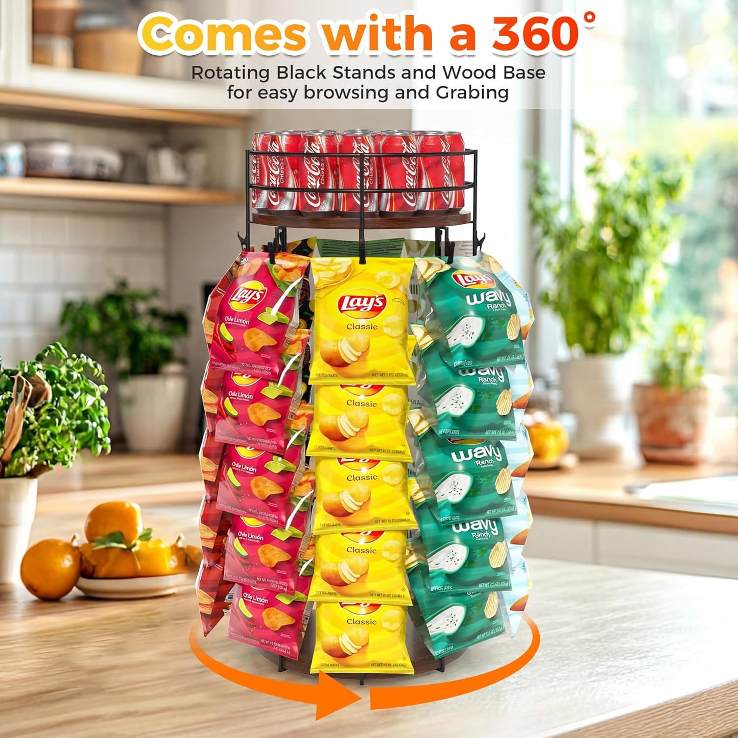 Liaakrr 360° Rotating Snack Display Stand with Secure Top Tier, Holds Drinks & Chips, 5-Tier 40-Clip Countertop Organizer for Party, Kitchen, Store-Beige