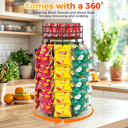 Liaakrr 360° Rotating Snack Display Stand with Secure Top Tier, Holds Drinks & Chips, 5-Tier 40-Clip Countertop Organizer for Party, Kitchen, Store-Beige