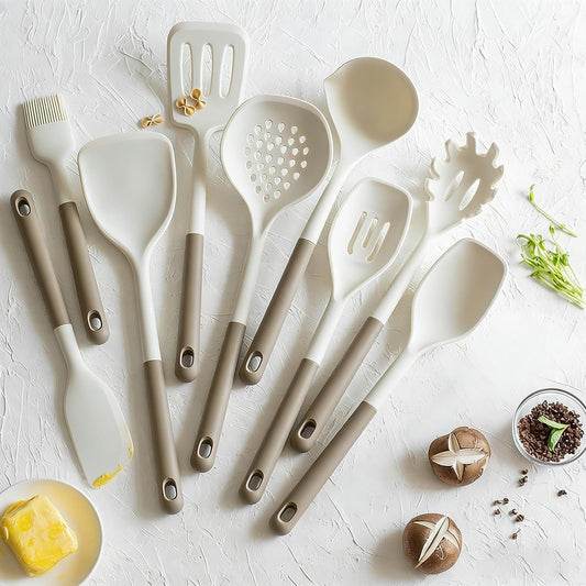 Silicone Kitchen Utensils Set, 10 Piece Silicone Cooking Utensils Set with Holder, Heat-Resistant Non Stick Cooking Tools Set with Spatula,Turner Ladle Skimmer Pasta Fork,BPA Free (Khaki)