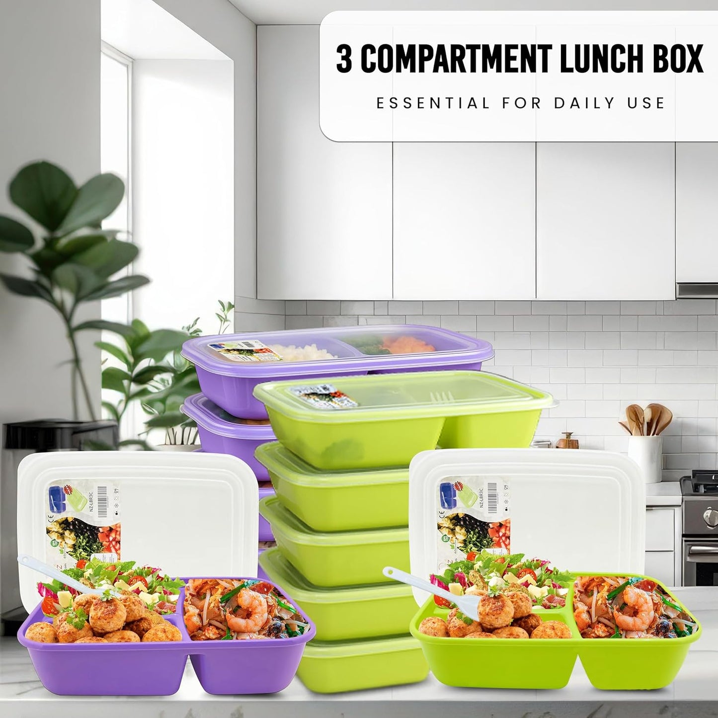 Neez 2-Pack Reusable Bento Box Lunch Containers- 3 Compartment Divided Lunch Organizer, Meal Prep Lunch Box with Lids, Microwave Safe & Sectioned Food Containers(48oz Green & Purple)