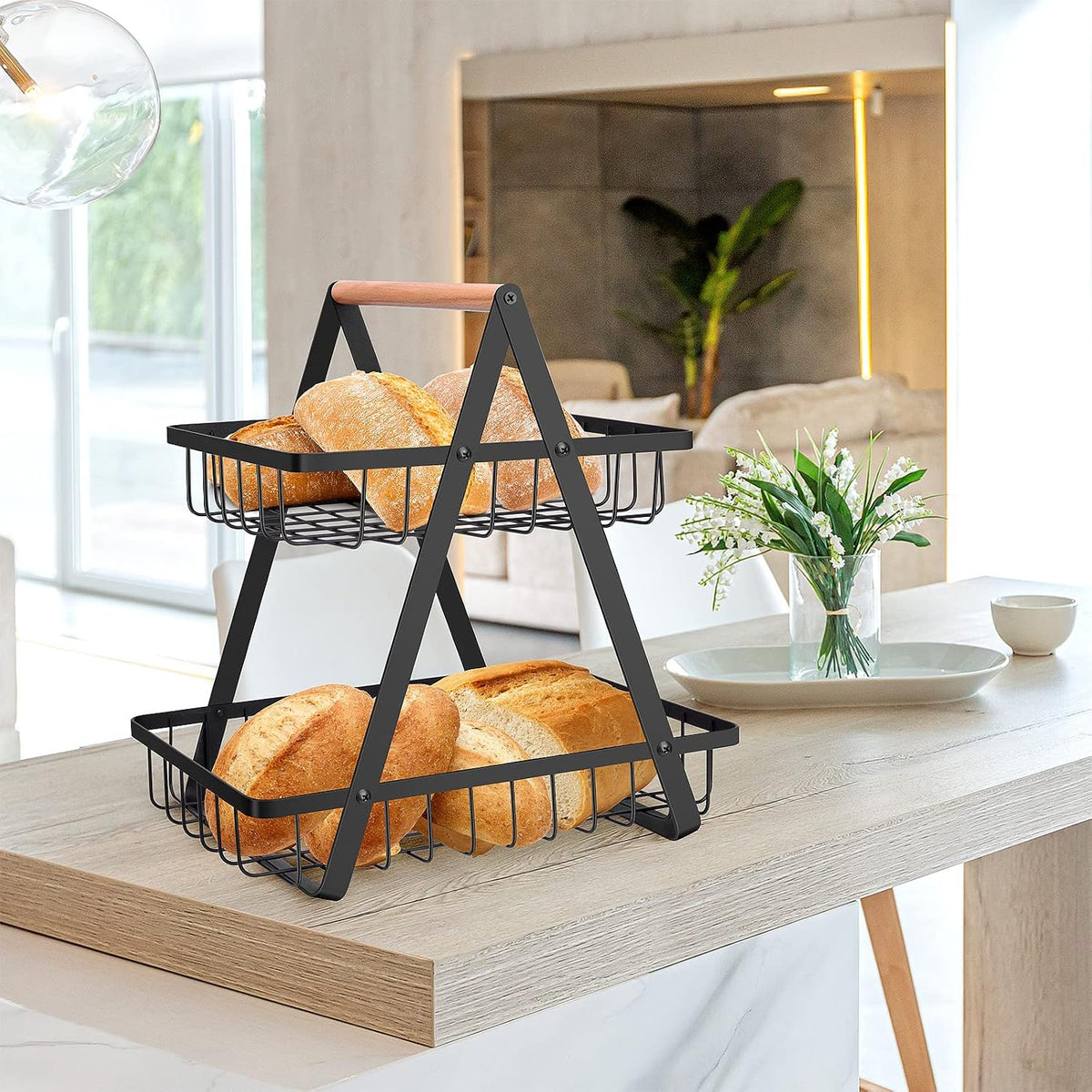 mahueeol 2-Tier Metal Fruit Basket for Kitchen Counter with Wooden Handle | Detachable rectangular baskets hold fruits, vegetables, bread and snacks; use stacked or separately in kitchens and pantries