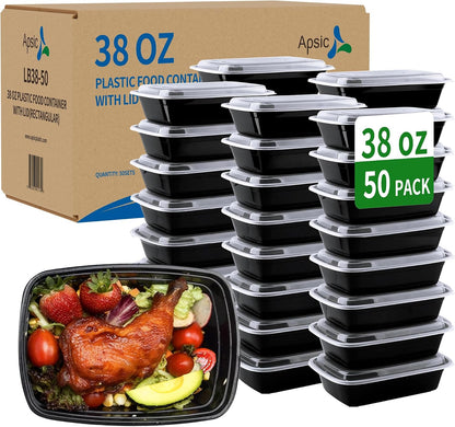Meal Prep Containers, 50 Pack 58oz (100-Piece) Disposable Take Out Food Storage Containers with Leakproof Lids, Large Plastic To Go Lunch Boxes, BPA Free, Microwave/Dishwasher/Freezer Safe