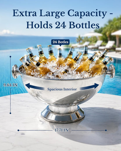 Extra Large Stainless Steel Ice Bucket for Parties, Heavy Duty Beverage Tub with Handles, Leakproof Welded Base, Polished Finish Beer & Wine Cooler, Includes Ice Scoop & Bottle Opener
