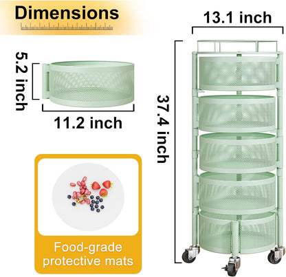 SNTD Fruit and Vegetable Basket Bowls for Kitchen with Metal Top Lid, 5 Tier Rotating Storage Rack Cart for Potato Onion Bread Banana, Wire Basket Organizer on Wheels, Large, Black