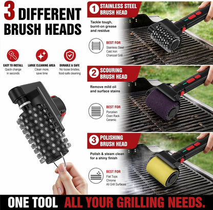 Electric Grill Brush, Cordless BBQ Grill Cleaner Tool With 3-Speed for Burnt Grease, Anti-Shedding Safe Wire, 150+ Min Runtime & Waterproof, Effortless Grill Brush for Backyard Barbecue Outdoor Grills