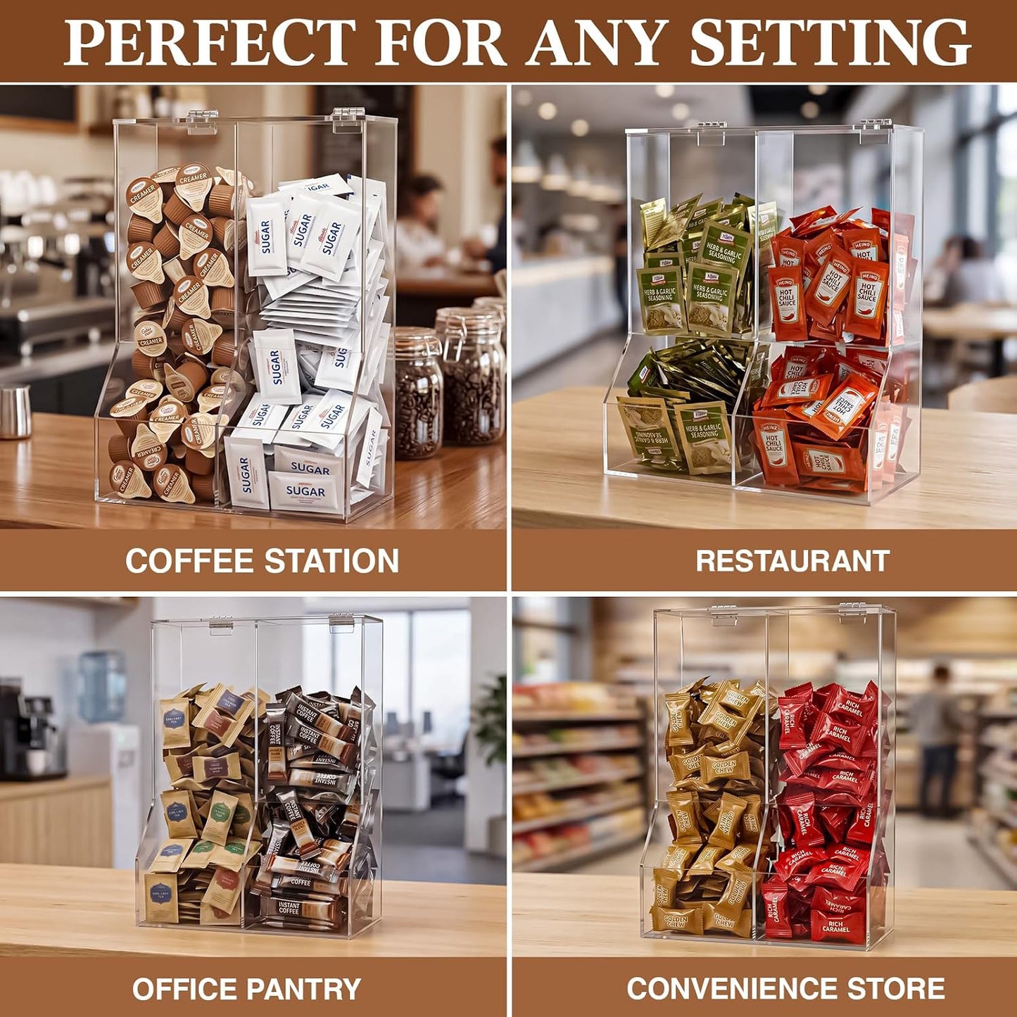 1 Pcs Divided Condiment Bin with Lid 2 Compartment Condiment Packet Organizer Sugar Packet Wrapped Candy Caddy Clear Acrylic for Bakery Restaurant Retail Stores, 8.5" W x 4" D x 12.25" H