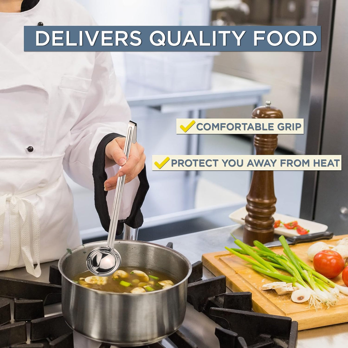 Fit Meal Prep [2 Pack] 2 oz Stainless Steel Soup Ladle, One-Piece Sauce Spatula with Hook Handles, Commercial Grade Serving Spoon, Kitchen Tool for Restaurant or Home Cooking, Mirror Finish, 12" Long