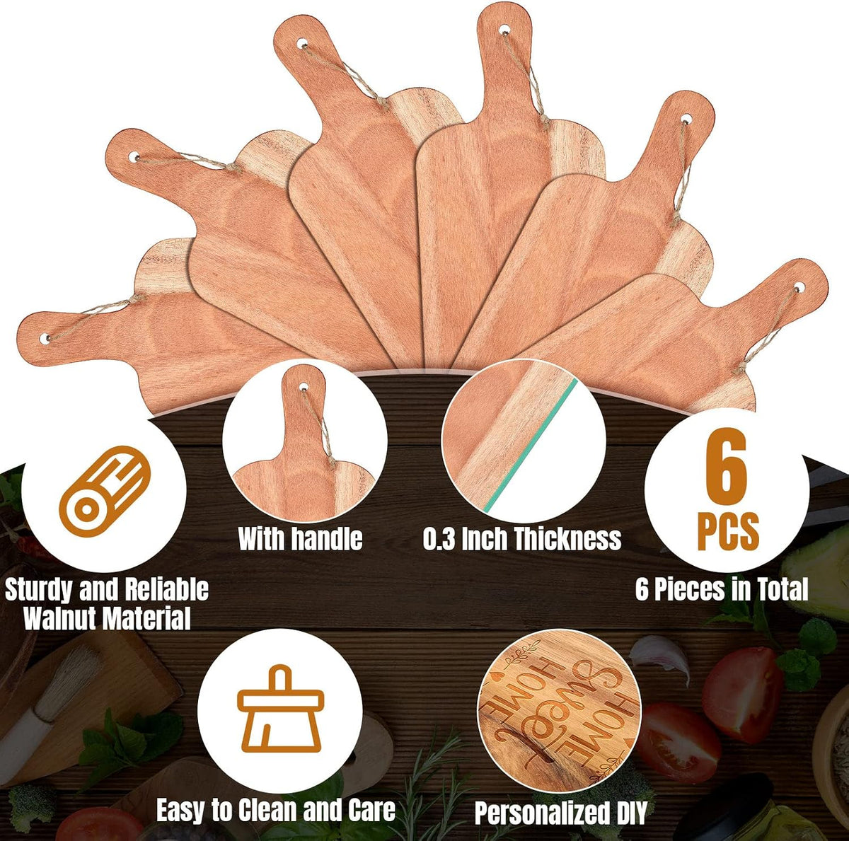 Patelai 6 Pcs 15 x 7 Inch Bamboo Cutting Board Set with Handles Laser Engraving Wooden Charcuterie Kitchen Plain Serving Chopping Board Bulk for DIY Housewarming