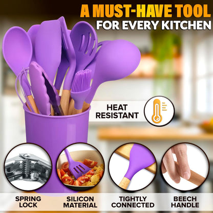 12 Pcs Purple Kitchen Utensils Set with Holder for Nonstick Cookware - Silicone Cooking Utensils Set, Kitchen Tools for Daily Cooking - Wooden Handle Cooking Tools for Baking Serving and Mixing Tasks