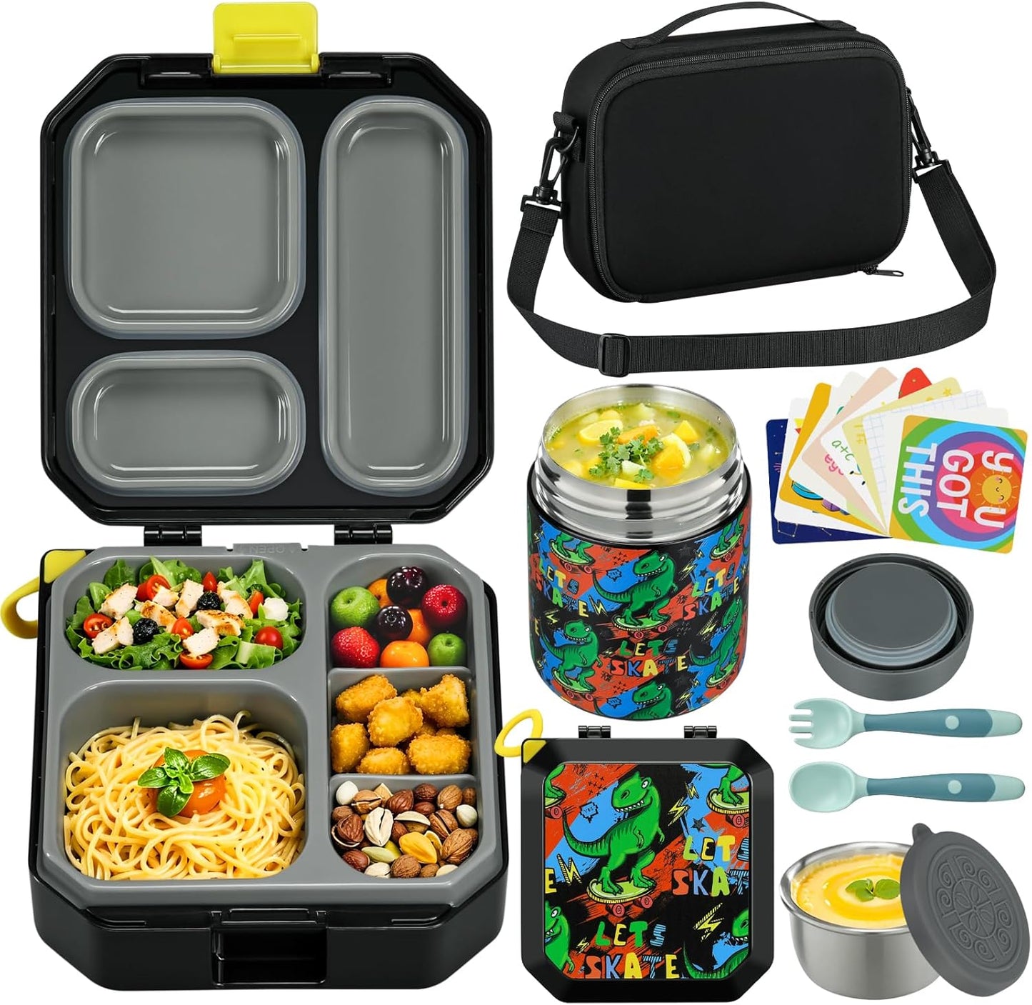 Itslife Bento Lunch Box Set for Kids with 12oz Soup Thermo&Lunch Bag, Leak-Proof Lunch Food Containers for Kids School, 5 Compartment, Sauce Cup, 10 Notes (Dinosaurs Black)