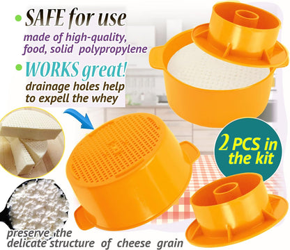 PetriStor 2 pcs Cheesemaking Kit Butter Punched Сheese Mold Press Strainer cheese With Follower Piston 1,2 liters Tofu Press Mold Cheese Making Kit Machine Color yellow
