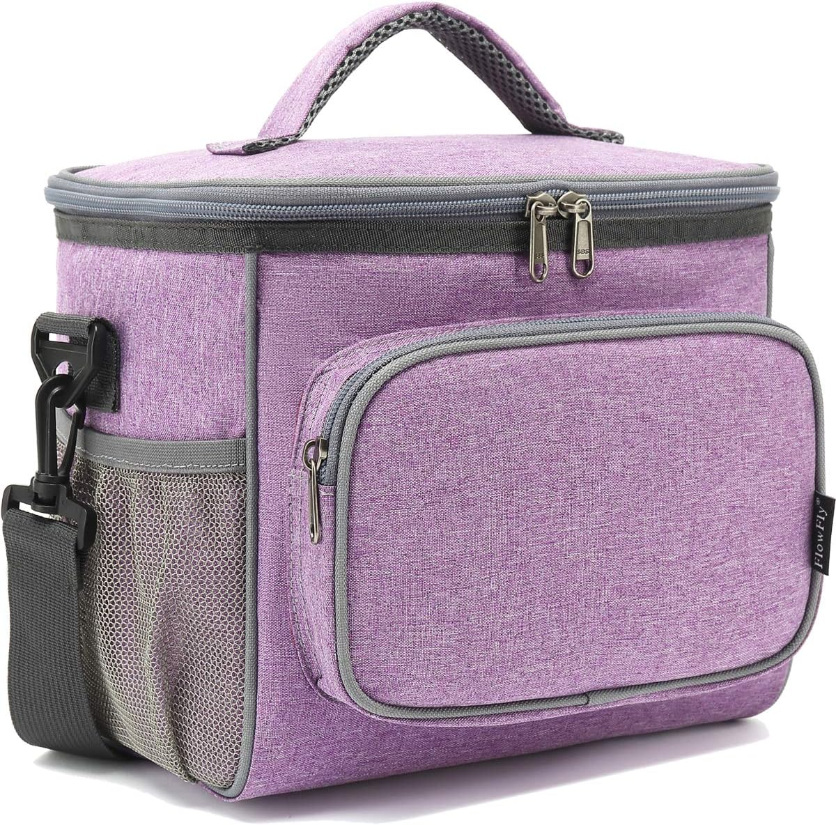 FlowFly Insulated Reusable Lunch Bag Adult Large Lunch Box for Women and Men with Adjustable Shoulder Strap,Front Zipper Pocket and Dual Large Mesh Side Pockets,Cherry - Colors B