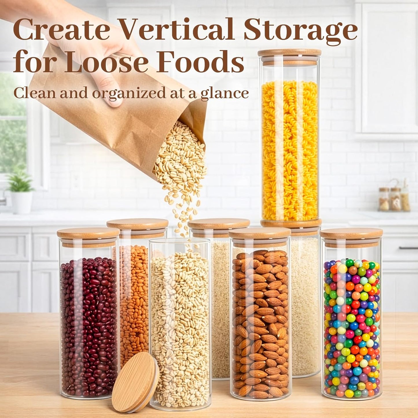 77L Glass Storage Containers with Lids [Multi-Size Set of 5], Airtight Glass Canisters for Kitchen & Pantry Organization, Clear Food Jars for Pasta, Cereal, Flour, Sugar, Coffee, Nuts & Snacks