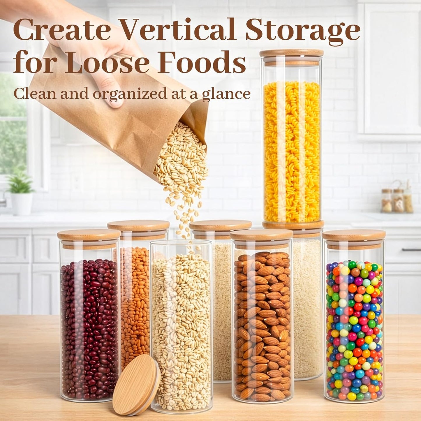 77L Glass Storage Containers with Lids [Multi-Size Set of 5], Airtight Glass Canisters for Kitchen & Pantry Organization, Clear Food Jars for Pasta, Cereal, Flour, Sugar, Coffee, Nuts & Snacks