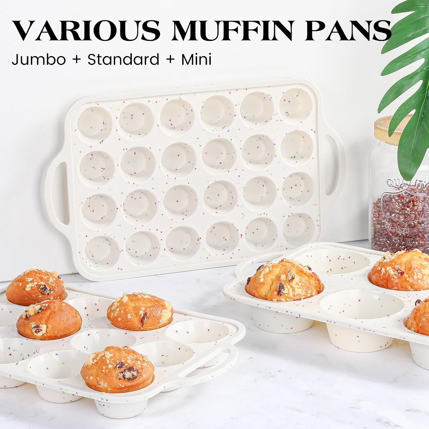Regular 12 Cup and Mini 24 Cup Nonstick Cupcake Pan Set Silicone Muffin Pan for Baking Silicone Cupcake Mold with Metal Reinforced Frame BPA Free (2 Pcs, Cream)