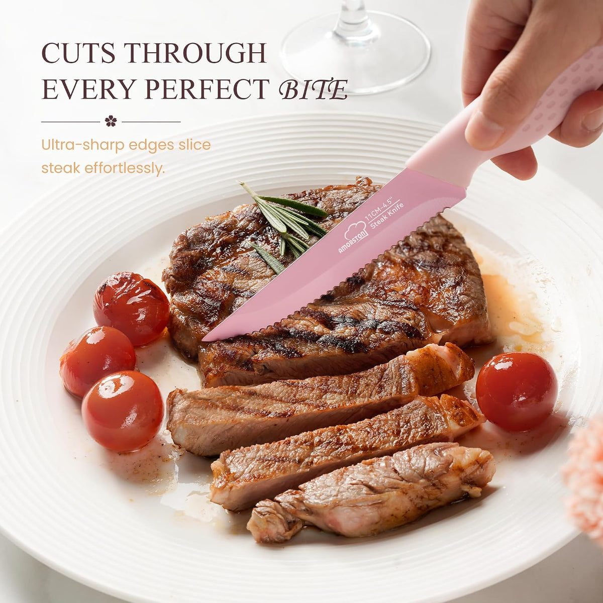 Amorston Steak Knives, Steak Knives Set of 8, Stainless Steel Steak Knife Set, Serrated Knives Dishwasher Safe, Elegant Black Mothers Day Gifts for Women