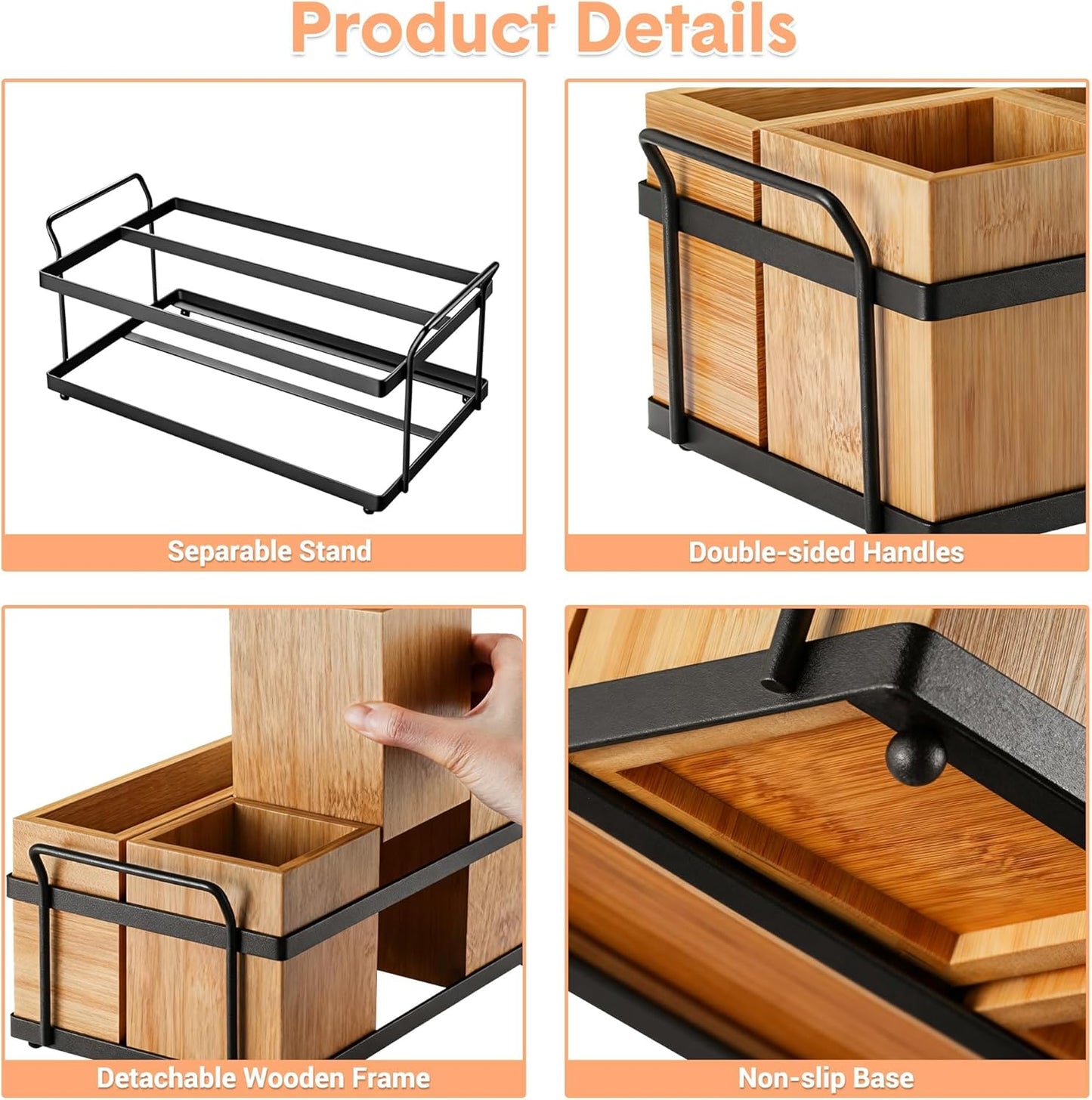 Silverware Caddy Wood Utensil Holder 4-in-1 Bamboo Utensil Caddy with Removable Divider Portable Kitchen & Dining Organizer for Forks, Napkins, Plates, BBQ, Picnic, Camping Countertop Organizing