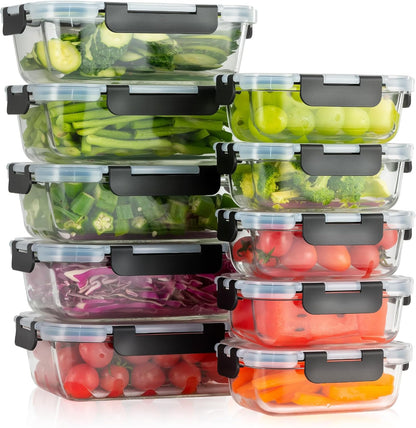 10-Pack Meal Prep Containers with Snap Locking Lids, Glass Airtight Lunch, Food Storage Containers, Microwave, Oven, Freezer and Dishwasher Friendly, Gray