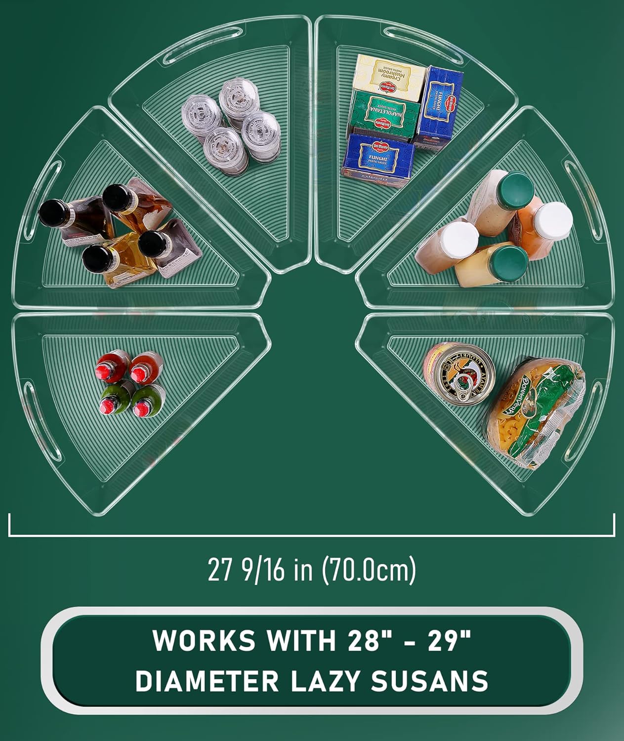 JEISSLIA Lazy Susan Cabinet Organizer Bins for 26"/ 28"/ 32" Diameter Corner Organizer, Plastic Cabinet Storage Bin, 1/8 Wedge - Food Safe, BPA Free, with Non-Slip Pads (for 26" Diameter, 6 Pack)