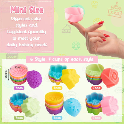 R HORSE 42Pcs Silicone Molds Cupcake 2 Inch Mini Size Reusable Muffins Liners Washable Non-Stick Donut Wrapper Mold Flower Shapes Baking Cups for Pan Oven Microwave Dishwasher