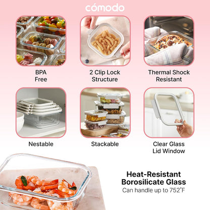 Neoflam 6-Piece Comodo Glass Food Storage Containers with Lids – Airtight Stackable Meal Prep Set – BPA-Free, Microwave Oven Air Fryer Freezer Safe – Reusable Glass Containers for Home & Office