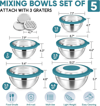 Herogo 5-Piece Mixing Bowls with Airtight Lids, 3 Grater Attachments, Stainless Steel Salad Serving Bowls for Kitchen, Size 4.6, 3.5, 2.5, 2, 1.5QT Ideal for Prepping & Cooking, Black