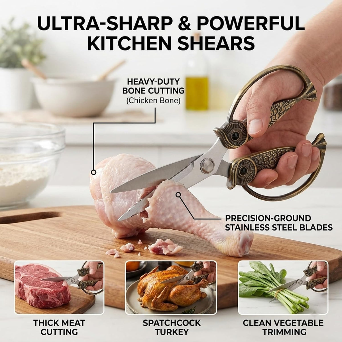 XSNBRD All Purpose Kitchen Scissors, Pearl Gold Stainless Owl Shears.