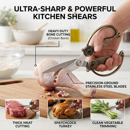 XSNBRD All Purpose Kitchen Scissors, Pearl Gold Stainless Owl Shears.