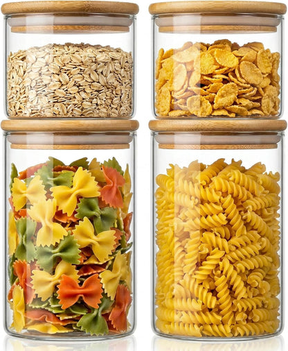 32oz - 4 Pack Glass Jars with Bamboo Lids, Glass Pantry Storage Containers with Airtight Lids, Round Air Tigh Food Storage Canisters for Cereal, Pasta, Flour, Sugar, Rice, Best for Kitchen Organizer