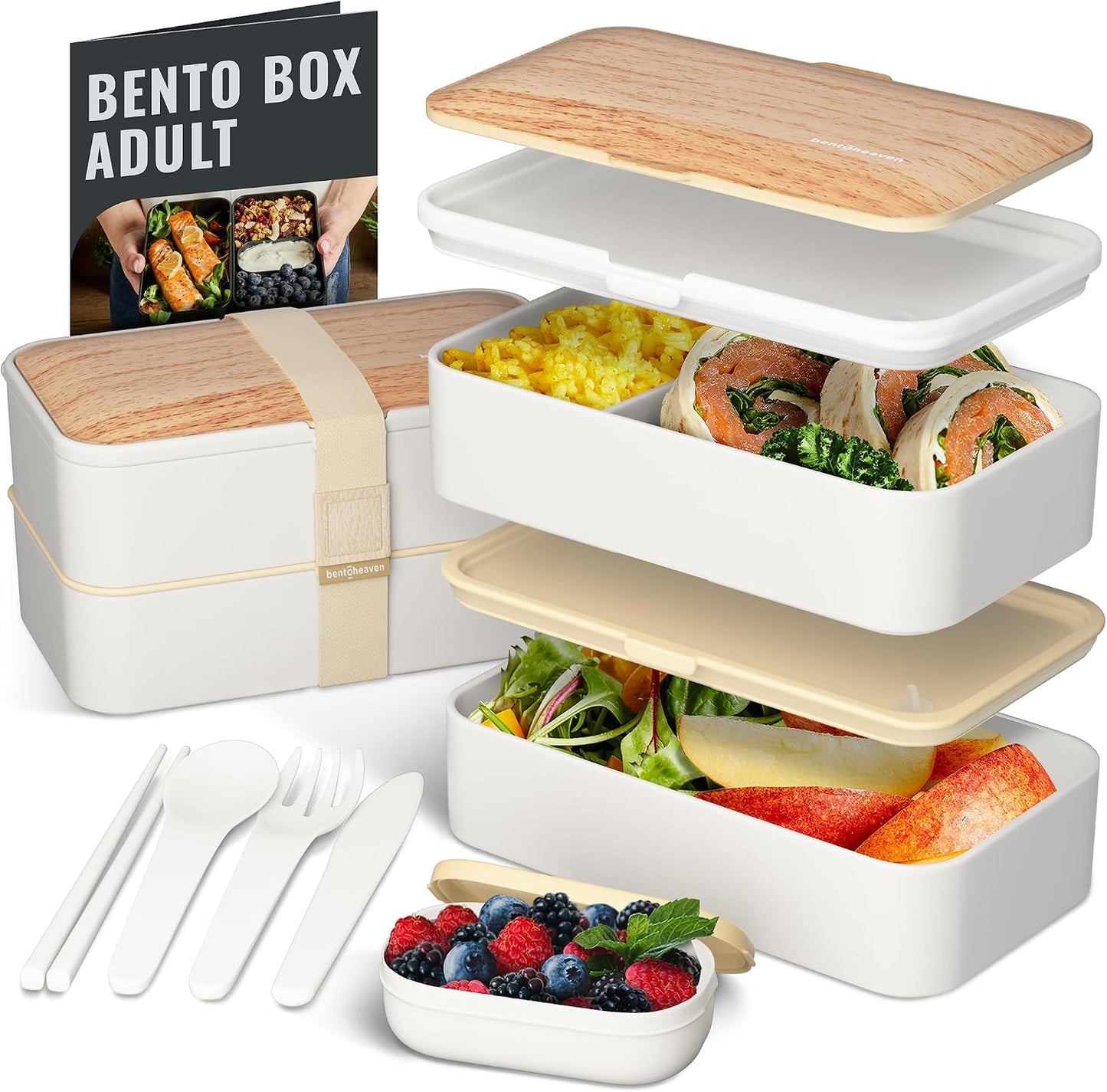 Bentoheaven Premium Bento Box Adult Lunch Box with Compartments for Women & Men, Set of Utensil & Chopsticks & Dip Container, Cute Japanese Kids Bento Lunch Box, Microwavable (Symph Onyx)
