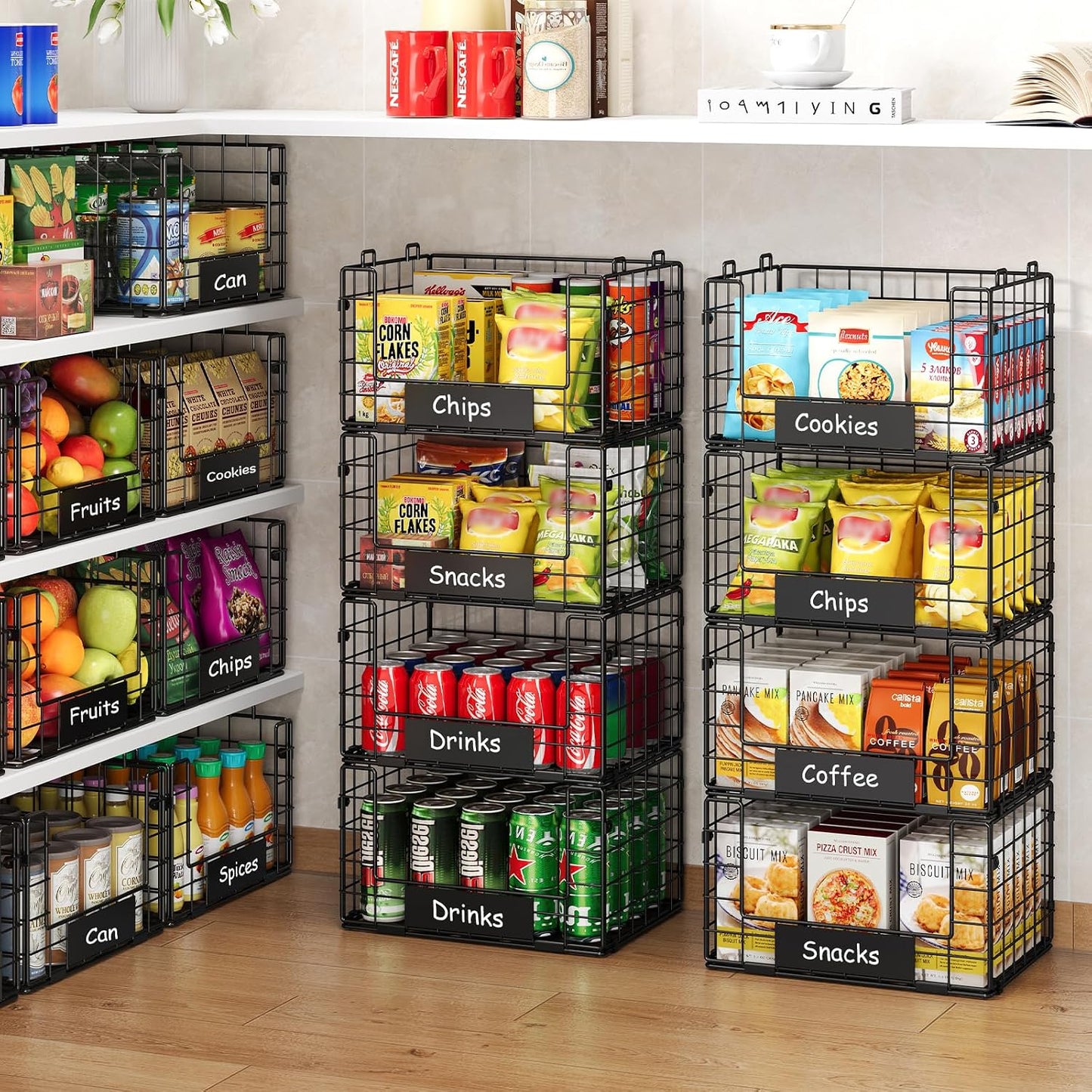 JKsmart 8-Tier Stackable Wire Basket, Can Organizer for Pantry Kitchen, XXL Metal Storage Shelves with Dividers & Handles, Easy Assembly Space Saving Storage Bins for Snacks Fruits Veggies