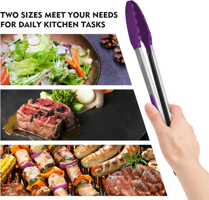 HOTEC Premium Stainless Steel Locking Kitchen Tongs with Silicon Tips, Set of 2-9" and 12"