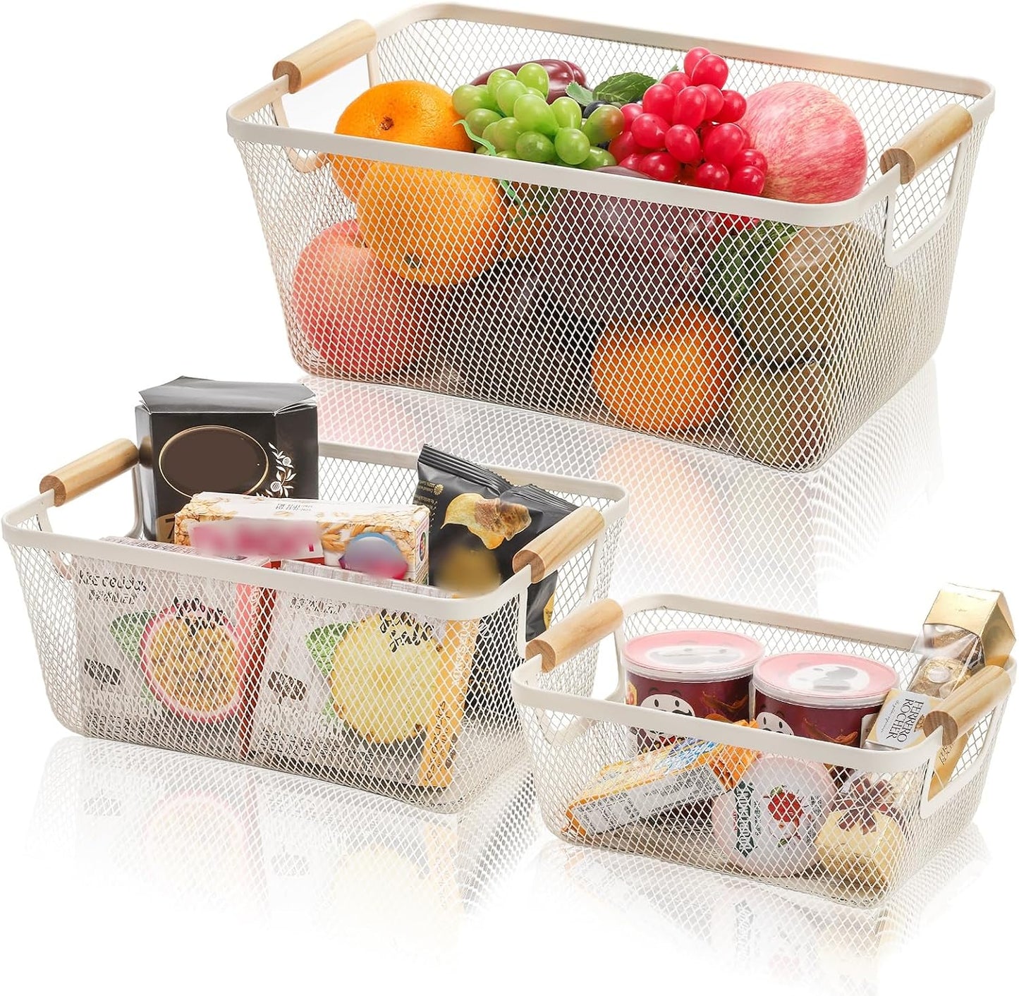 Noamus 3 Pack Metal Mesh Baskets with Wood Handle, Iron Storage Organizer Basket, Cream White Wire Countertop Baskets for Organizing, Cabinet Pantry Closet Bedroom Kitchen(3 Size)