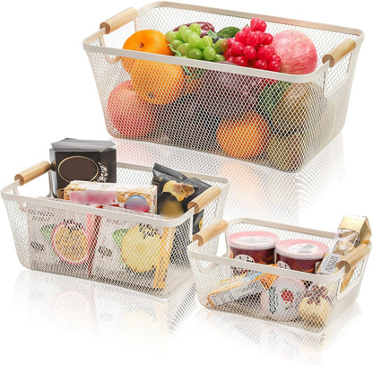 Noamus 3 Pack Metal Mesh Baskets with Wood Handle, Iron Storage Organizer Basket, Cream White Wire Countertop Baskets for Organizing, Cabinet Pantry Closet Bedroom Kitchen(3 Size)