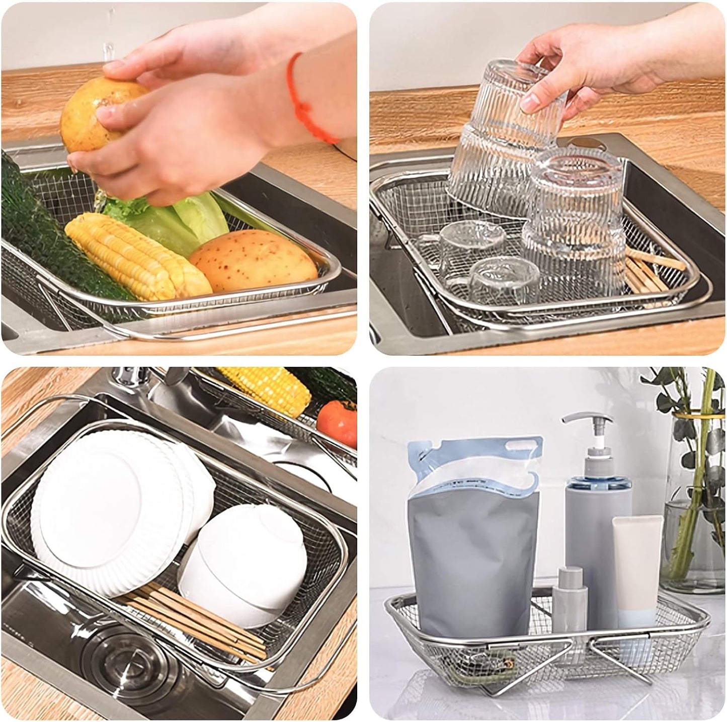 upgrade over the sink mesh colander expandable strainer stainless steel vegetable basket for kitchen sink (40 * 13 * 6.5cm)