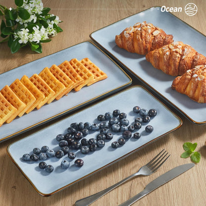 Famiware Serving Platter, Rectangular 15.67/14.1/12.6inch Serving Dishes for Entertaining, Microwave Dishwasher Safe, Stoneware Serving Trays for Party, Turkey, Cheese, Ocean Series, Cappuccino White