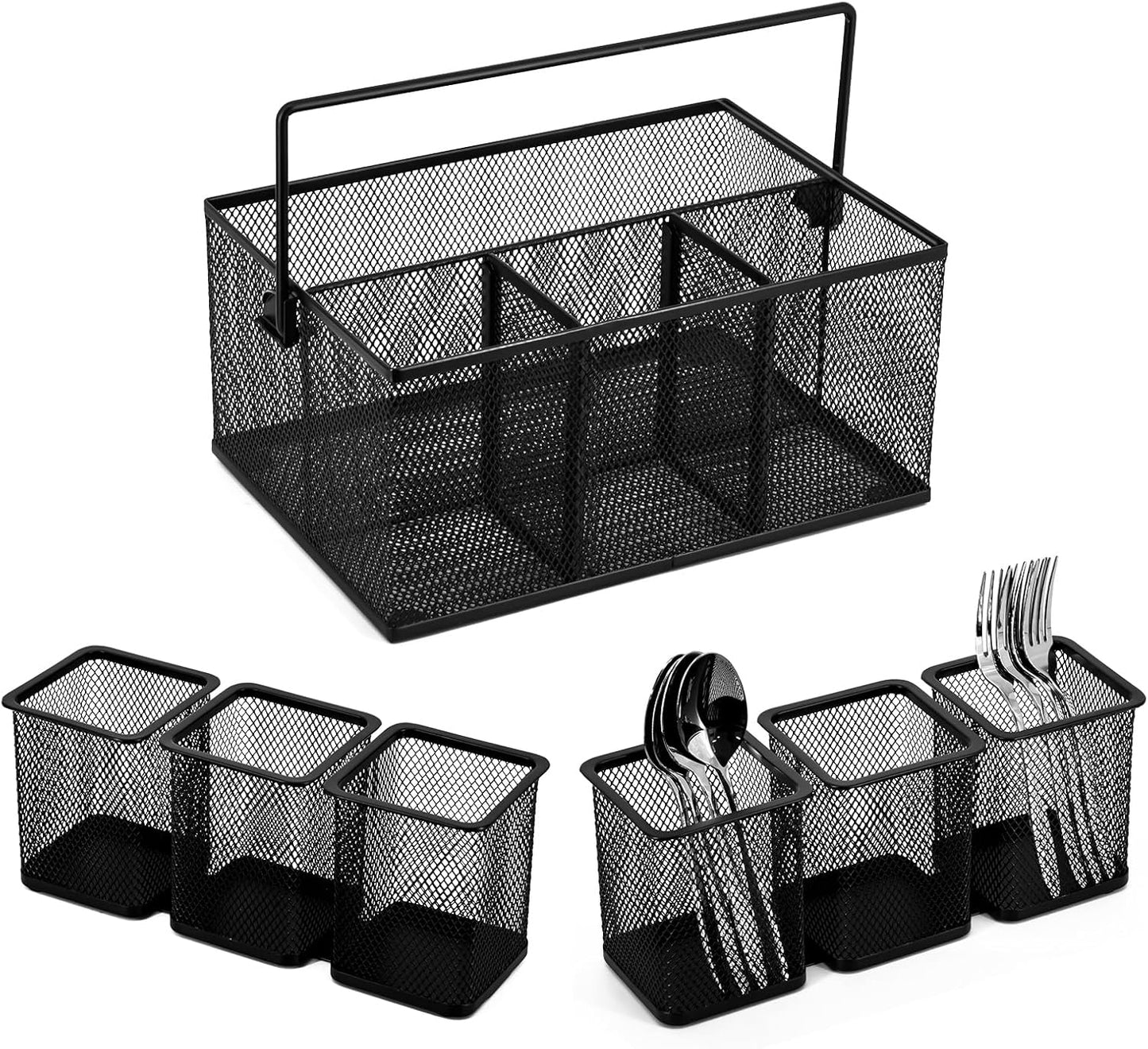 Neudeco Utensil Holder Set of 3, Black | Silverware Caddy, Portable Cutlery Storage & Paper Plate Organizer, Metal Mesh, Adjustable Dividers