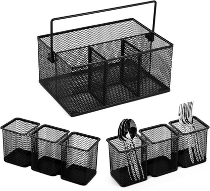 Neudeco Utensil Holder Set of 3, Black | Silverware Caddy, Portable Cutlery Storage & Paper Plate Organizer, Metal Mesh, Adjustable Dividers
