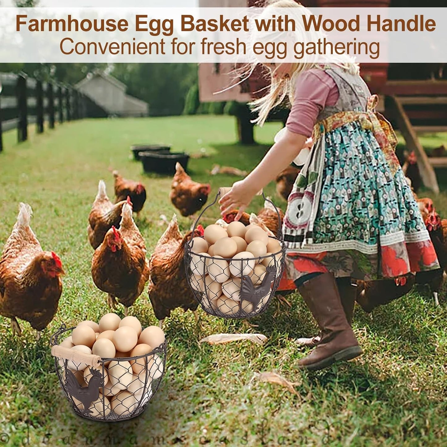 3 PCS 8’’ Farmhouse Egg Collecting Basket with Wood Handle, Rustic Metal Wire Chicken Eggs Holder Basket for Countertop Kitchen, Wire Egg Basket Vintage Style, Round, Rooster Pattern
