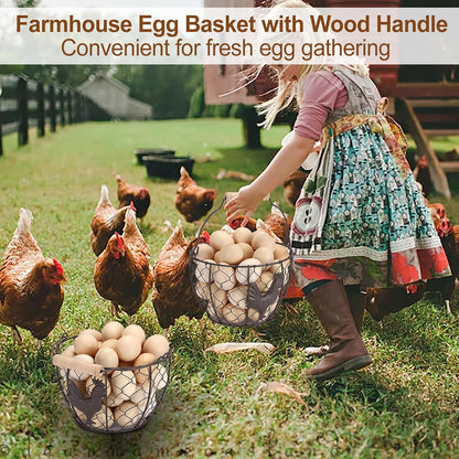 3 PCS 8’’ Farmhouse Egg Collecting Basket with Wood Handle, Rustic Metal Wire Chicken Eggs Holder Basket for Countertop Kitchen, Wire Egg Basket Vintage Style, Round, Rooster Pattern
