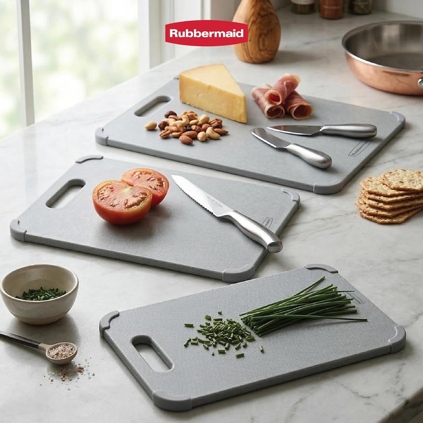 Rubbermaid 3pc Reversible Wheat Fiber Cutting Board Set | Cutting Boards for Kitchen – Dishwasher Safe, Non-Slip Corners, Lightweight & Easy To Store- Large Cutting Board for Meat, Veggies & Fruits