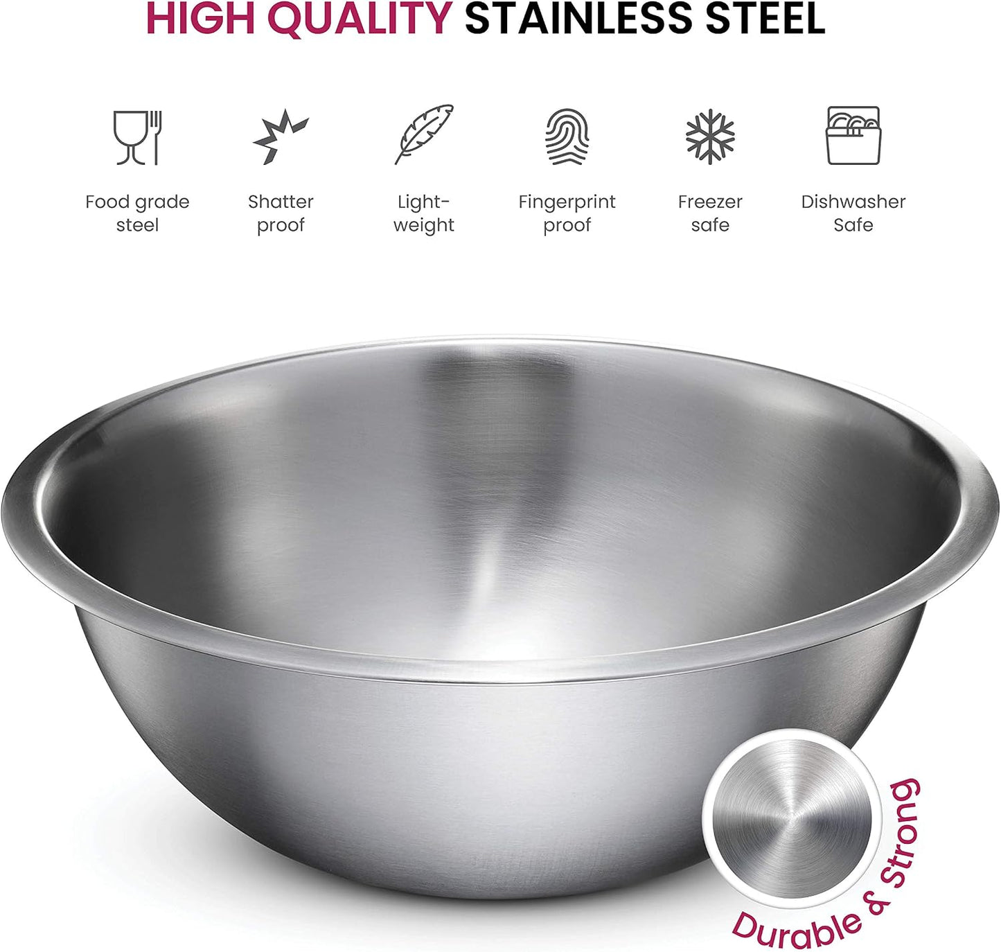 FineDine Stainless Steel Mixing Bowls Set, Dishwasher Safe, 6 Piece Metal Mixing Bowls For Kitchen, Nesting, Large, Small, Big Food Prep, Cooking, Baking