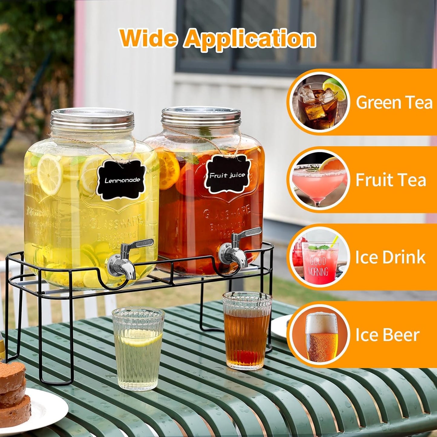 1.6 gallon Glass Beverage Dispenser with Stand, 2PACK Lemonade Dispenser with Spigot Stainless Steel, Drink Dispensers for Parties,Picnic,Weddings(Golden)
