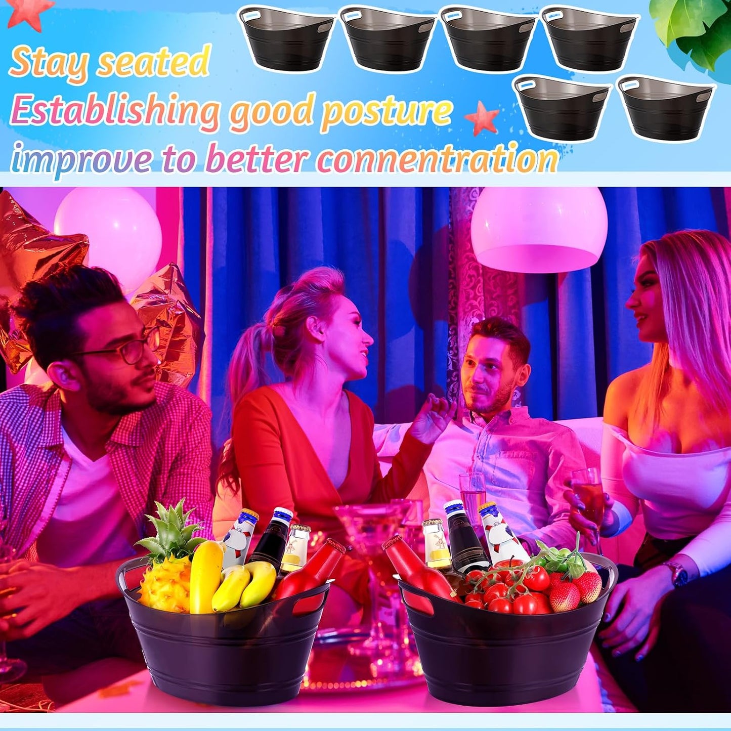 meekoo 6 Pcs Plastic Ice Buckets Bulk with Handles 4.5L Oval Storage Tub Large Capacity Ice Drink Bucket for Party Bar Wine Beer Champagne Beverage Bottle Cooler (4.5 L,Orange)