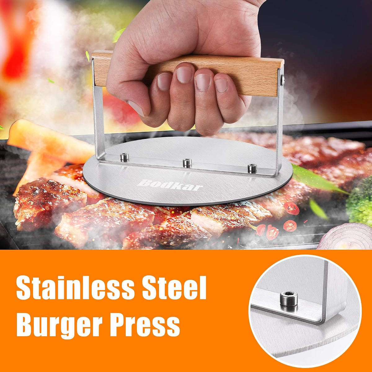 bodkar Stainless Steel Burger Press, 6 inch Round Burger Smasher