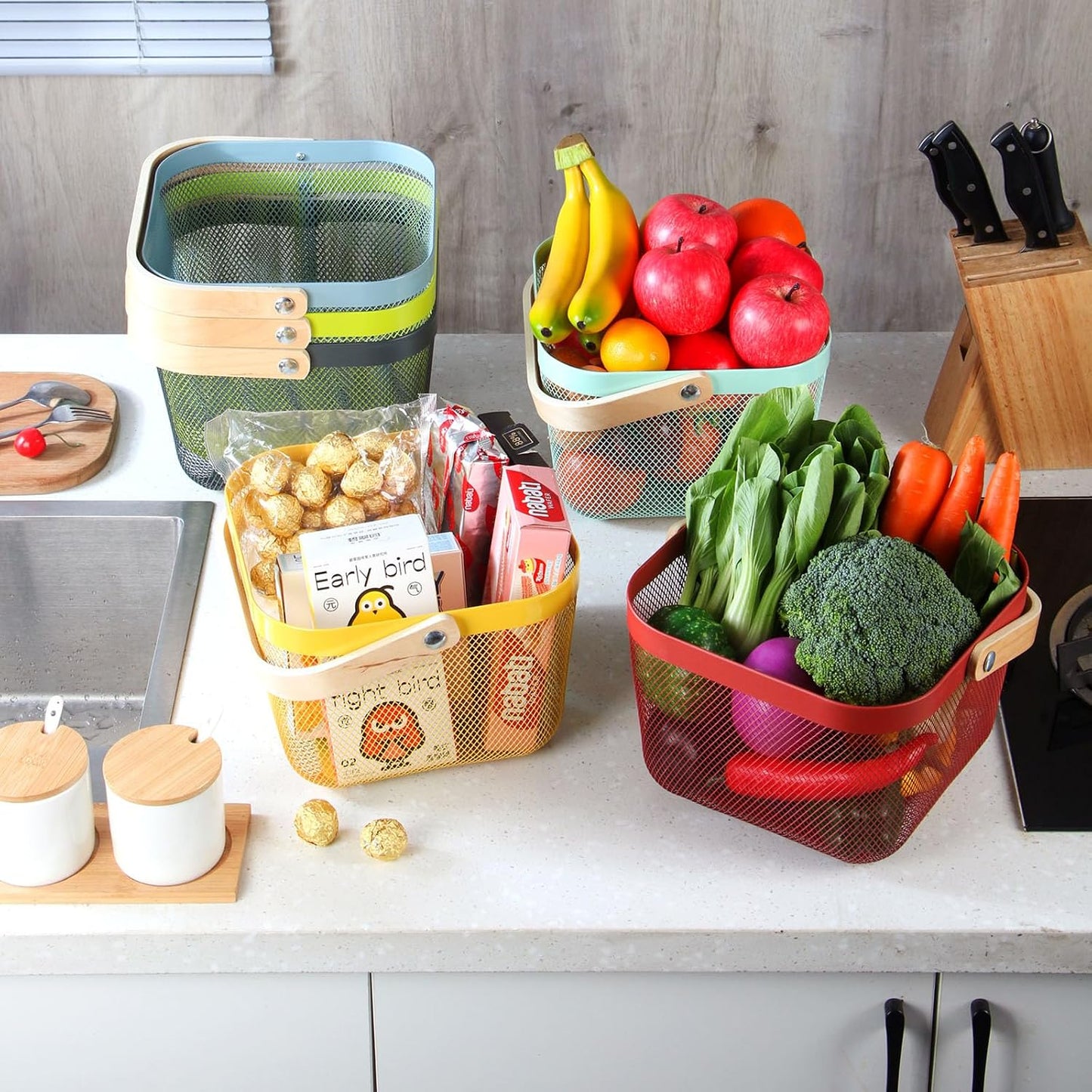 Coloful Metal Mesh Wire Basket with Foldable Wooden Handle,Bin Garden Fruit Vegetable Storage Hanging Harvest Holder for Kitchen Bathroom Picnic (Yellowish Green, Cuboid-15.7 x 9.5 x 7.2“)