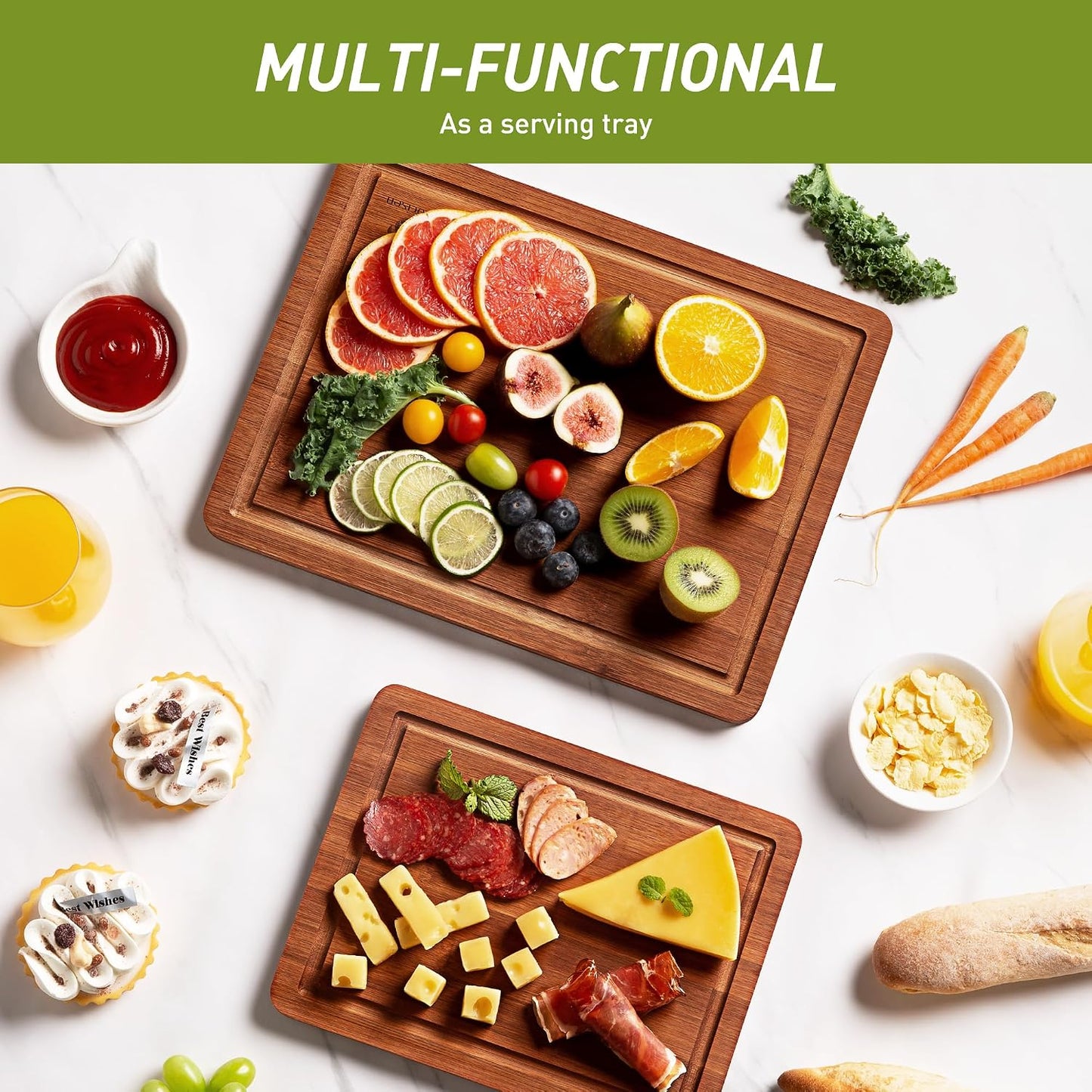 3 Packs Bamboo Cutting Board Set with Non Slip Feet and Over Sink Nice Solid Thick Wood Juice Groove Chopping Board Extra Large Big Small Best Hardwood Kitchen Counter Organic Vegetable