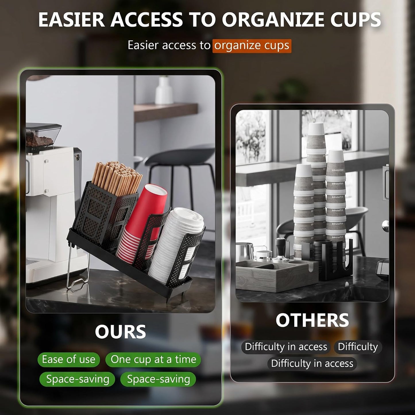 Paper Cup and Lid Holder, Disposable Coffee Cup Dispenser, 3-Slot Upright Paper Cup Dispenser for Coffee Stations, Kitchens, Bars, Restaurants, Lounges (Black)