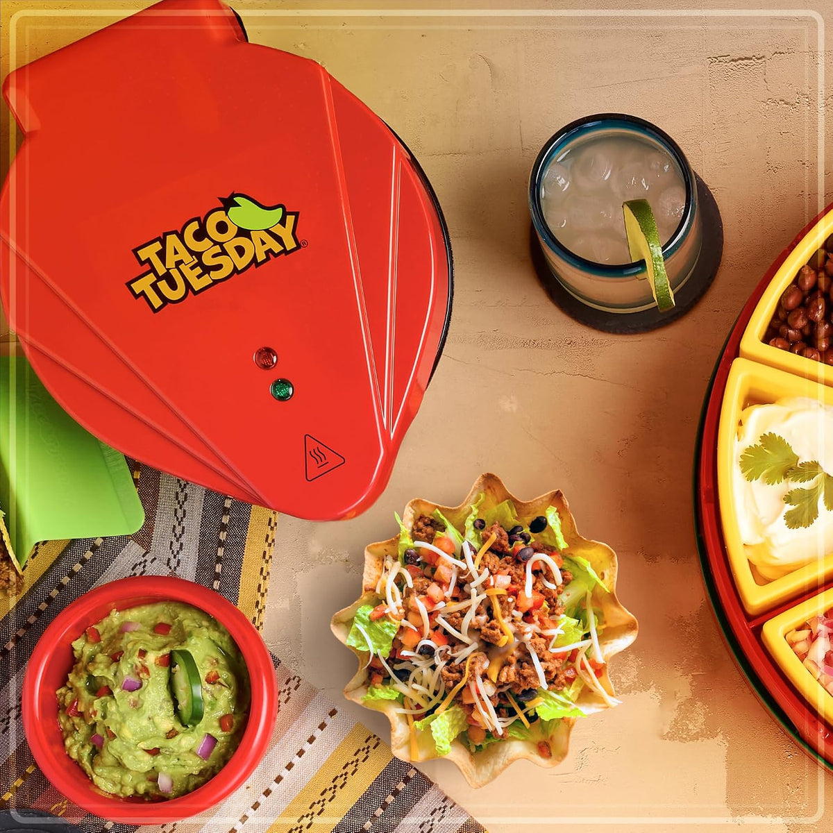 Taco Tuesday Deluxe 8-Inch 6-Wedge Electric Quesadilla Maker with Extra Stuffing Latch, Red