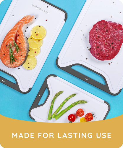 Cutting Boards for Kitchen, Plastic Cutting Board Set of 3, Dishwasher Safe Cutting Boards with Juice Grooves for Meat, Veggies, Fruits, Easy Grip Handle, Non-Slip (Black/Gray)